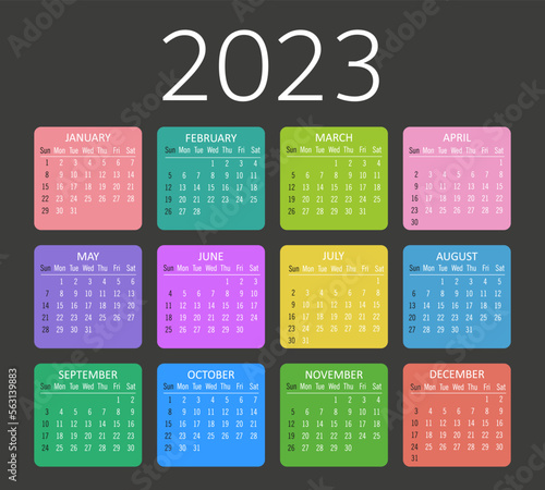 Year 2023 colorful calendar template vector illustration. isolated on black background. week starts sunday.  