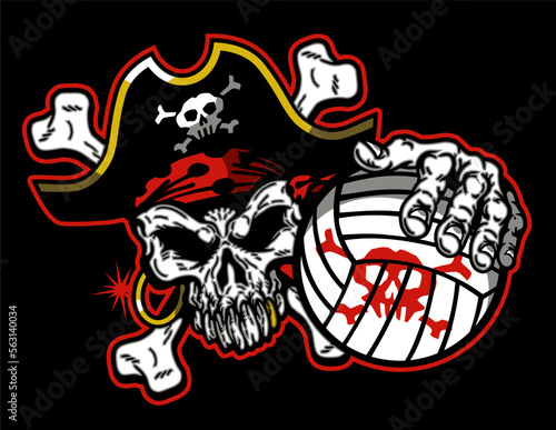 pirate mascot skull holding volleyball for school, college or league sports