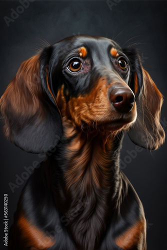 Generative AI illustration of a portrait of a cute dachshund dog, realistic image with black background