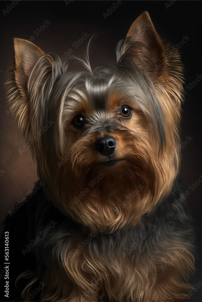 Generative AI of an illustration of a cute purebred yorkshire terrier dog in photo studio, realistic image with black background