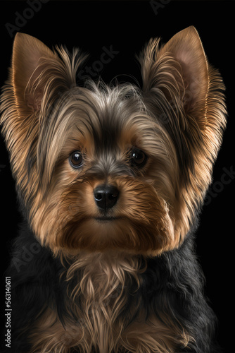 Generative AI of an illustration of a portrait of a yorkshire terrier dog looking at the camera, realistic image with black background