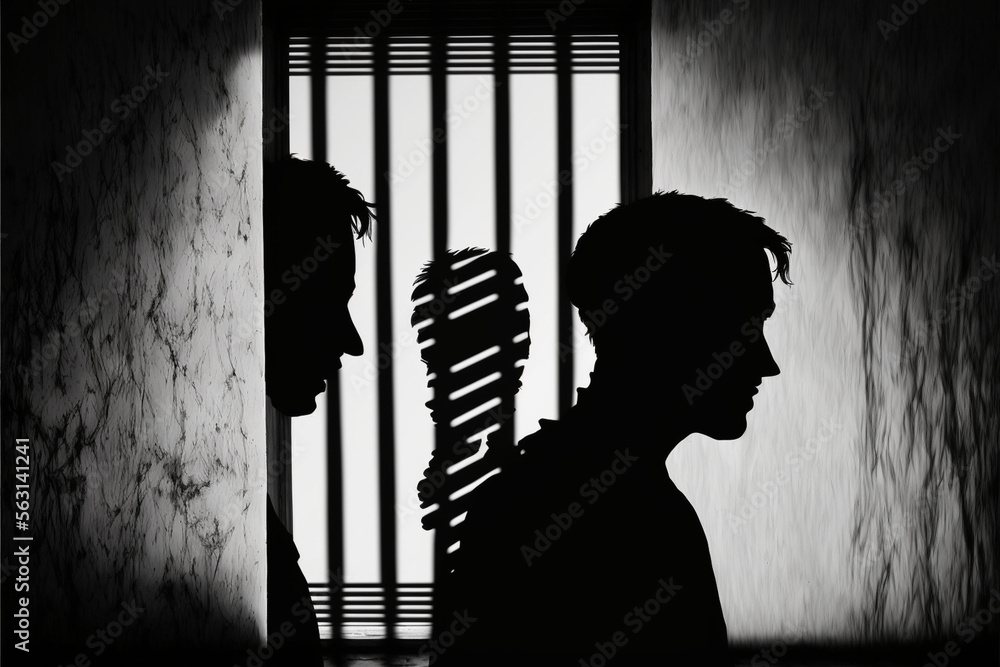 black silhouettes a man looks at the back of his head to another man in a cramped room against the background of a barred window knowledge of the second self on a white background