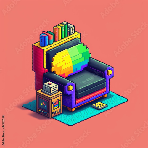 pixel art of the sofa next to which there is a bedside table with things in a cartoon game style with a shak where there is a book on the back