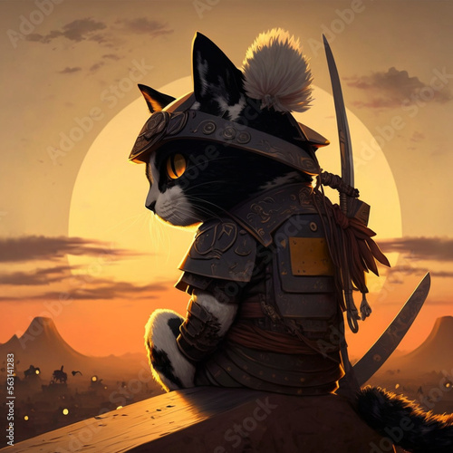 a samurai cat in a kimono sitting haughtily watching the evening city against the backdrop of the huge sun of the city and mountains photo