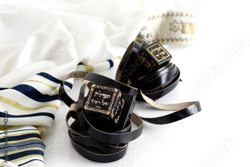 Photos Jewish ritual objects, prayer vestments, Tefillin with a hebrew inscription: The arm tefillin and The head tefillin