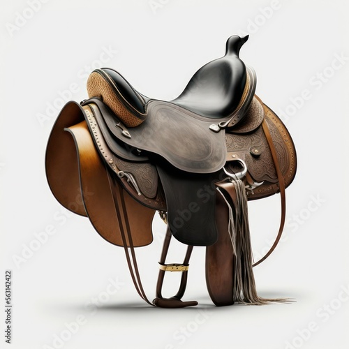 Detailed leather horse saddle isolated on a white background, generative ai