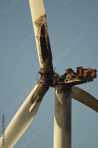 Burnt out, fire damaged, wind turbine 