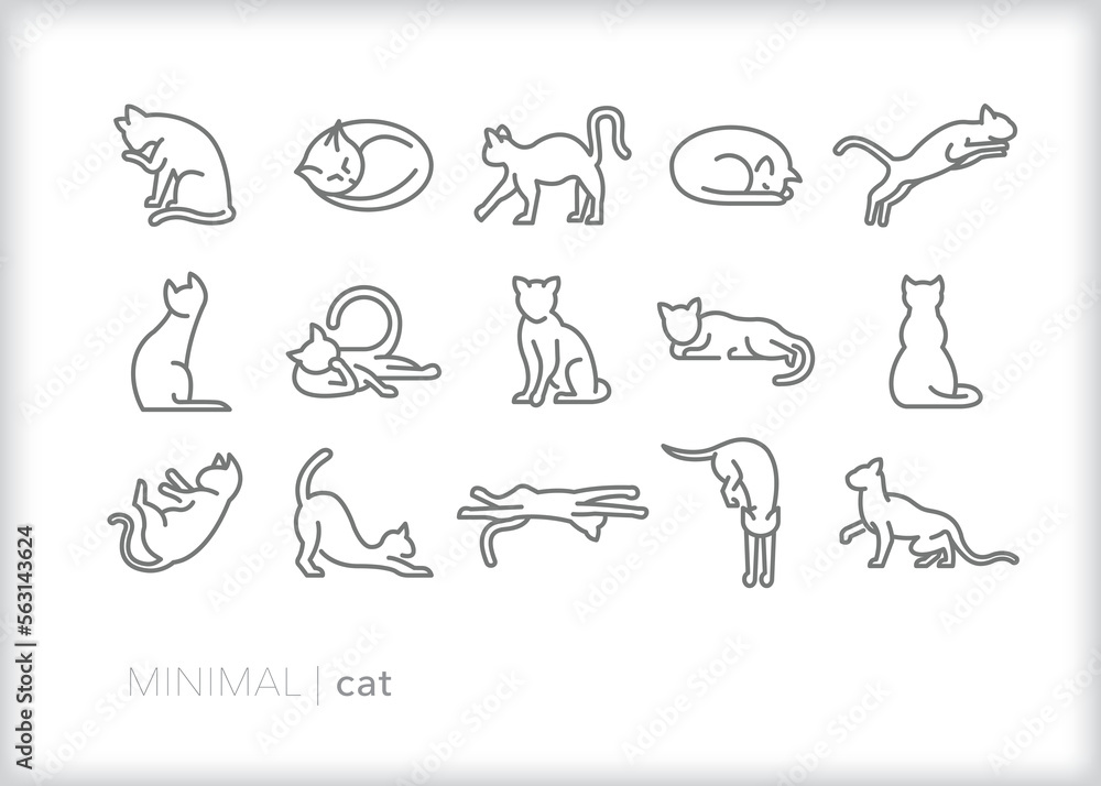 Set of cat line icons of felines in various positions