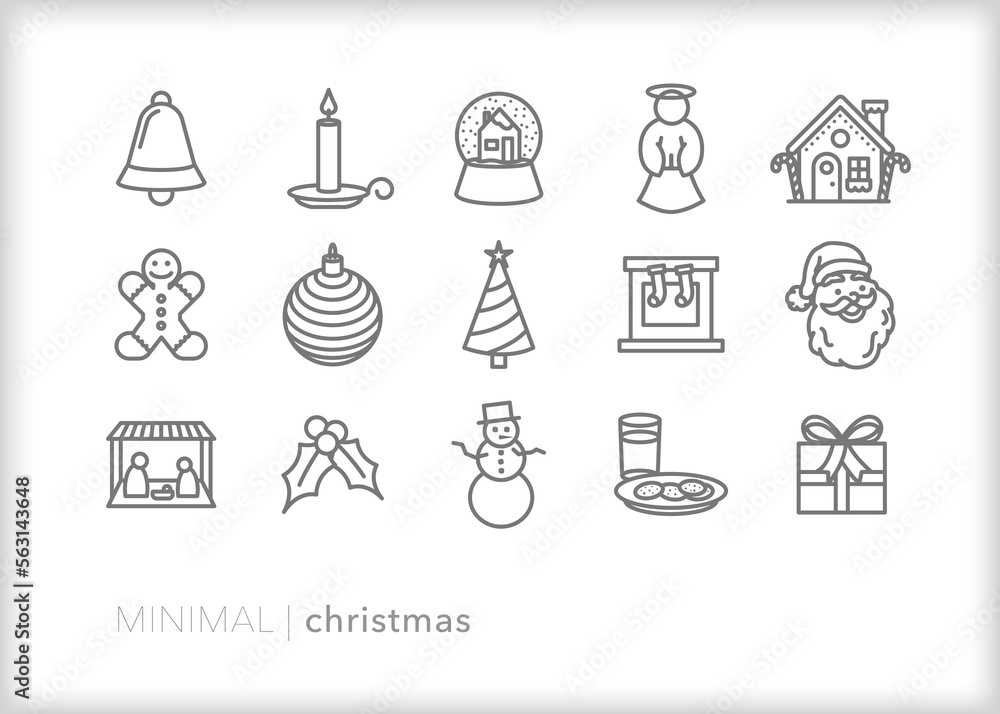 Fototapeta premium Set of Christmas line icons for celebrating the winter holiday with traditions, gifts, and merriment