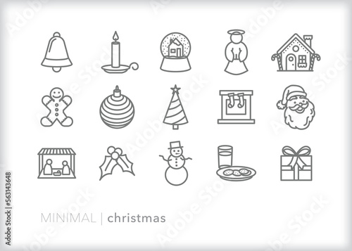 Set of Christmas line icons for celebrating the winter holiday with traditions, gifts, and merriment