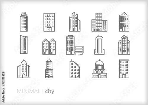 Set of city line icons of buildings, structures, skyscrapers and high rises