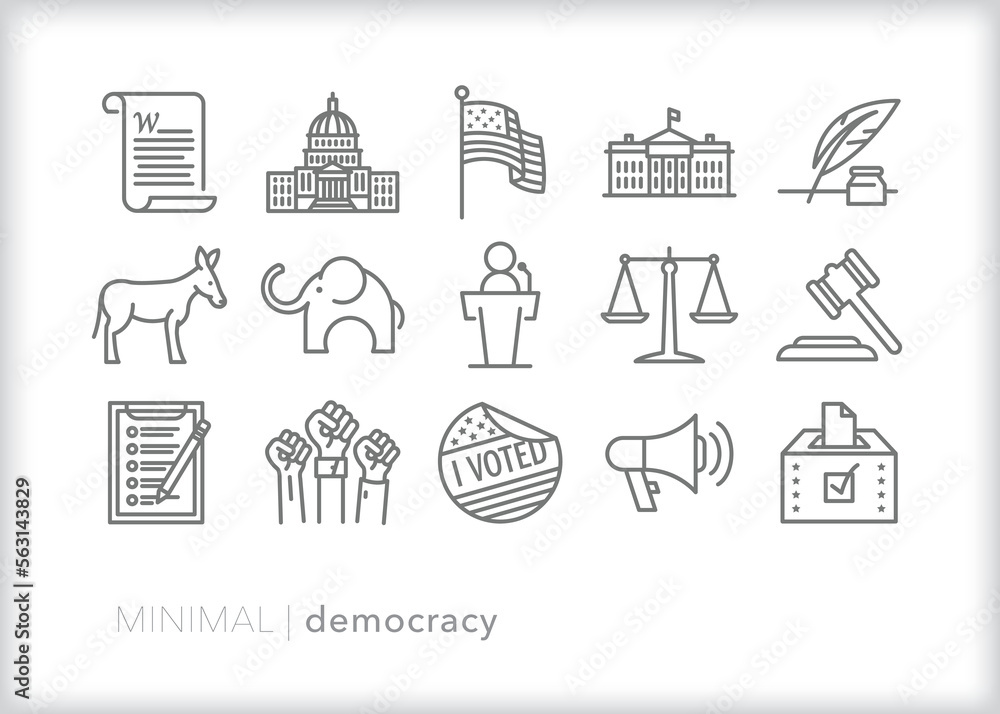 Set of democracy line icons of American, political, democratic themes 