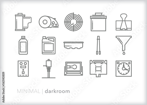 Set of photography dark room line icons of items to develop film and print black and white photographs