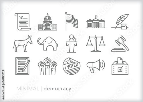 Set of democracy line icons of American, political, democratic themes 