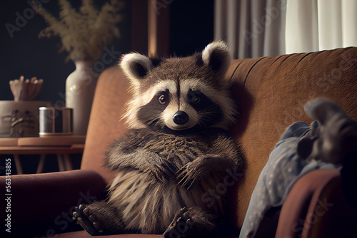 cute fluffy raccoon in chair. Illustration Generative AI