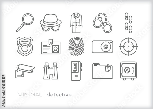 Set of detective line icons of items and themes for a private or police investigators looking to solve crimes or find a suspect