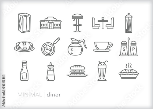 Set of diner line icons of food and drink to order at an old fashioned roadside diner for breakfast, lunch or dinner