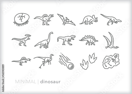 Set of dinosaur line icons of common dinos from the Mesozoic Era and the Triassic  Jurassic  and Cretaceous Periods