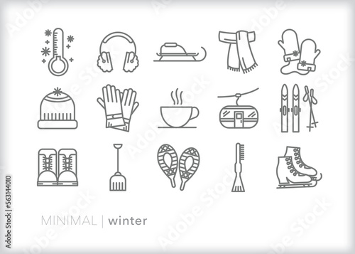 Set of winter line icons of items and themes common in the cold, snowy months