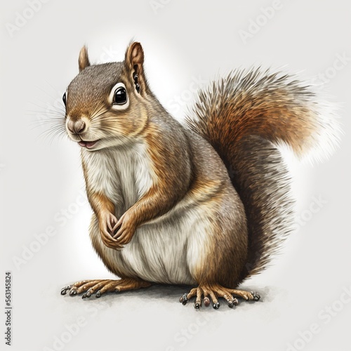 Fotografie, Tablou a squirrel is standing on its hind legs and is looking up at the camera with a surprised look on its face and a tail, with a white background with a gray background with a