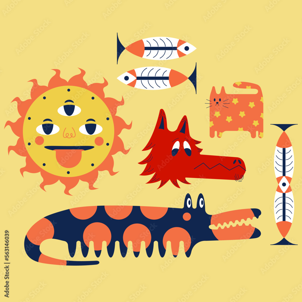 Naklejka premium Set of cartoon retro psychedelic characters in folk style, hand drawn, doddle illustrations set, dragon, dog, wolf, sun, fish, cat