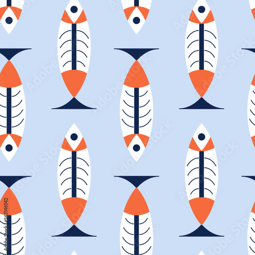 seamless pattern with fish, fish skeleton illustration, hand drawn, doodle, folk style, retro pattern, retro illustration