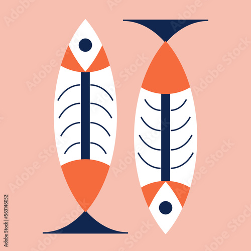 Retro fish illustration, fish sceleton illustration, hand drawn, doodle, folk style