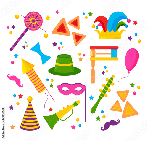 Purim clipart with carnival elements. Happy Purim Jewish festival, carnival, Purim props icons. Vector illustration.
