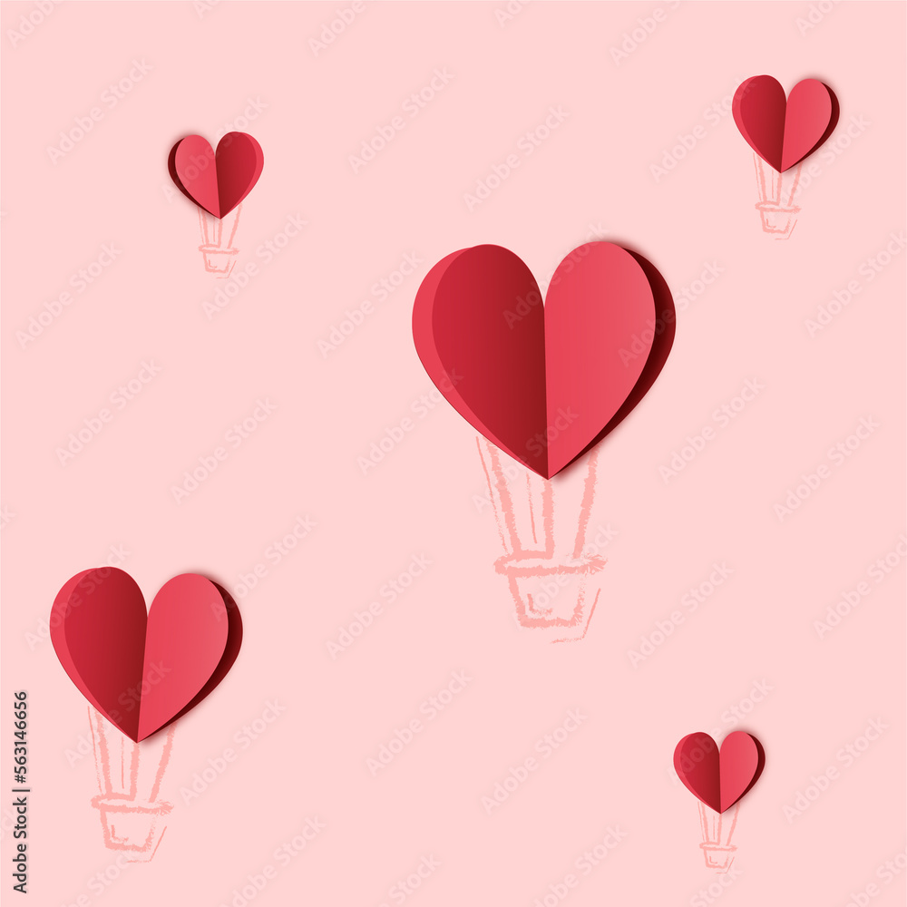 Hot air balloon in a heart shape. Paper art draw. Pink baclground.