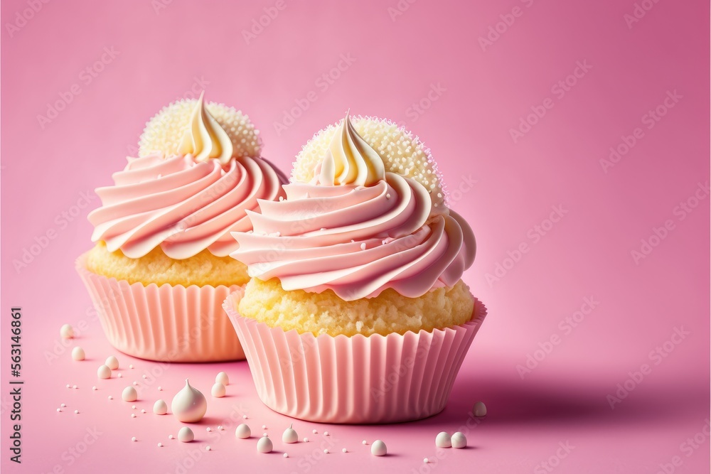 Delicious cupcakes on pink background, Space for text. Generative AI