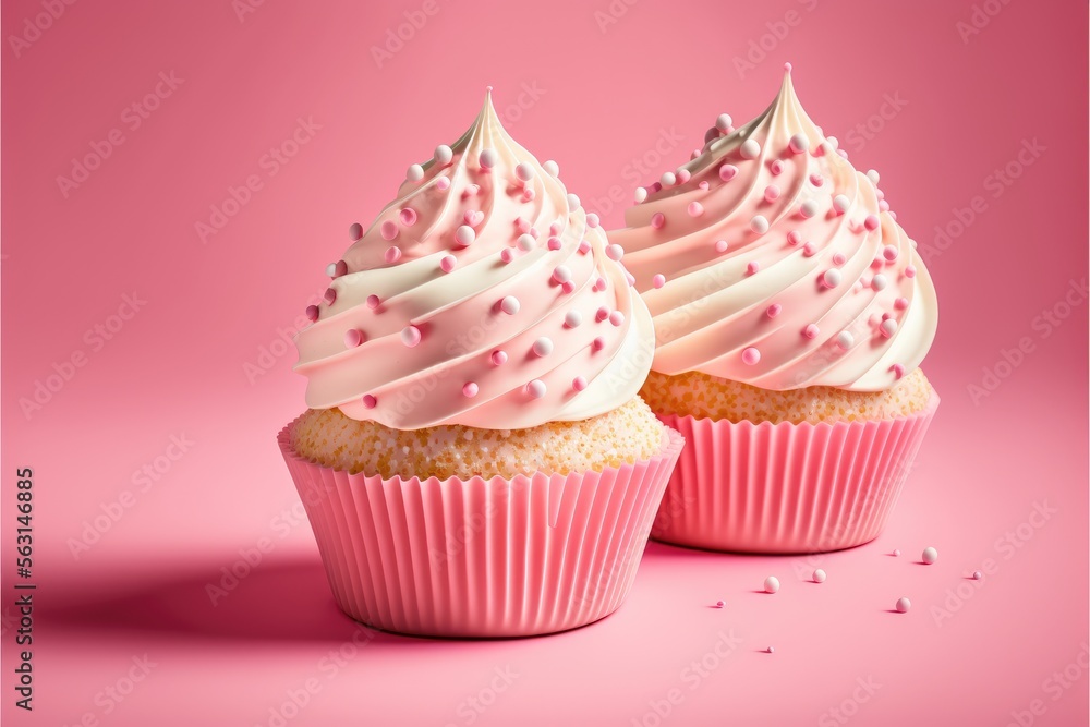 Delicious cupcakes on pink background, Space for text. Generative AI Delicious cupcakes on pink background, Space for text. Generative AI