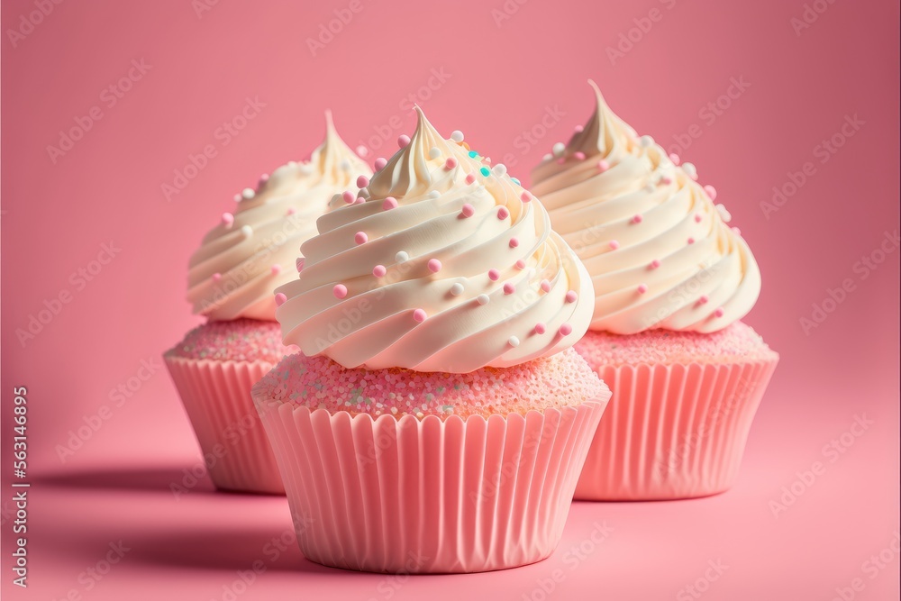 Delicious cupcakes on pink background, Space for text. Generative AI Delicious cupcakes on pink background, Space for text. Generative AI