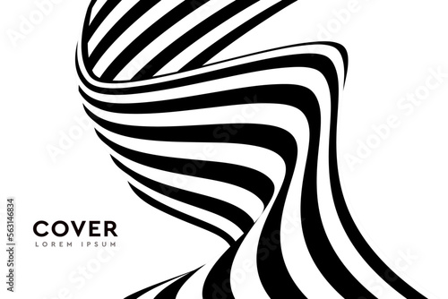 3D Optical Art with strip black and white. Background curve vector line for banner, cover, poster, card. Abstract illusion wave.