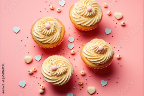 Delicious cupcakes on pink background, Space for text. Generative AI