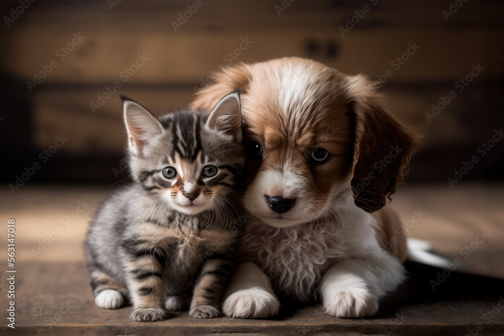 Lovable puppy and kitty. Close-up, indoors. Warm colors background. Concept of love and terness. Generative AI