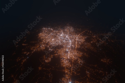Aerial view on Puebla City (Mexico) from east. Satellite view on modern city at night
