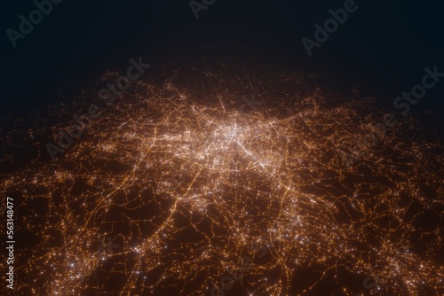 Aerial view on Ljubljana (Slovenia) from north. Top view on modern city at night from space