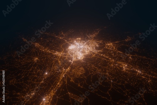 Aerial view on Zaragoza (Spain) from north. Satellite view on modern city at night