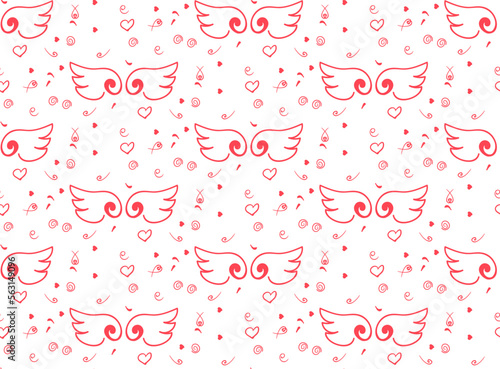 Romantic background with the image of stylized wings, hearts, swirls, for a wrapper, wallpaper, fabric, textile