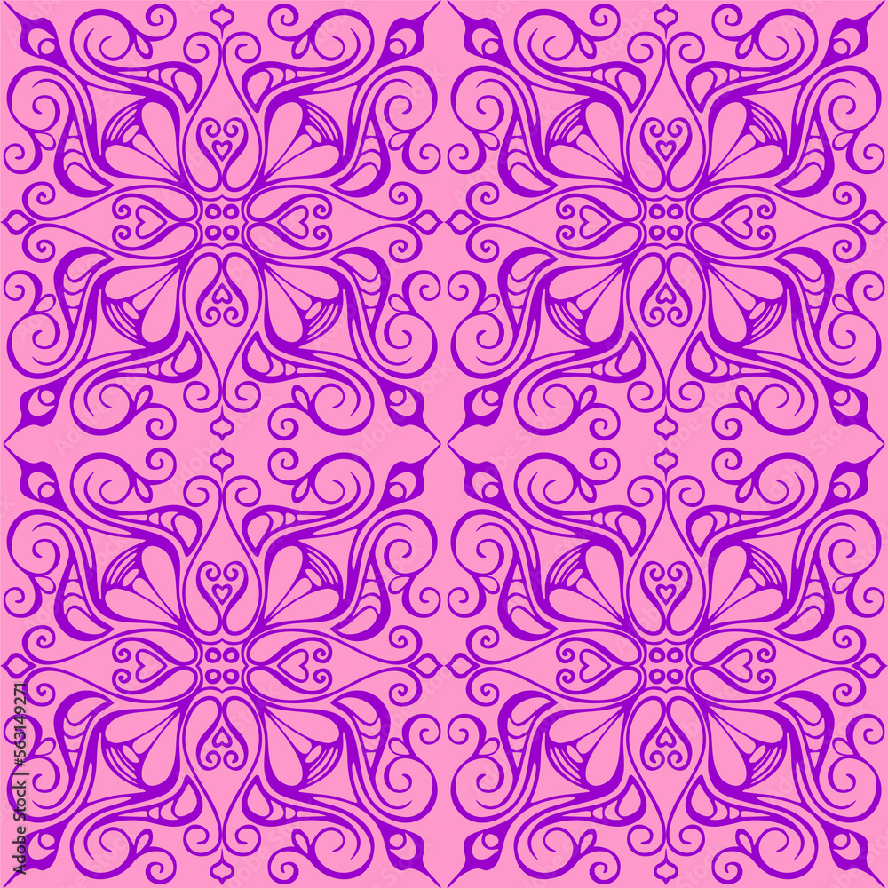 seamless graphic pattern, floral magenta ornament tile on pink background, texture, design