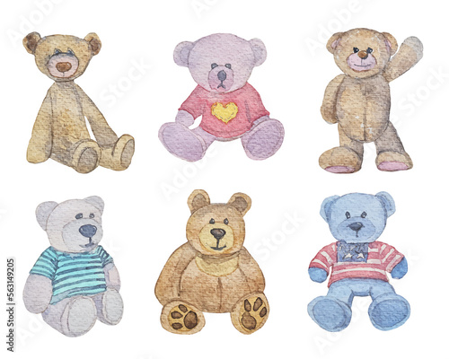 Set of Bear Toys - Watercolor Drawing - Vector