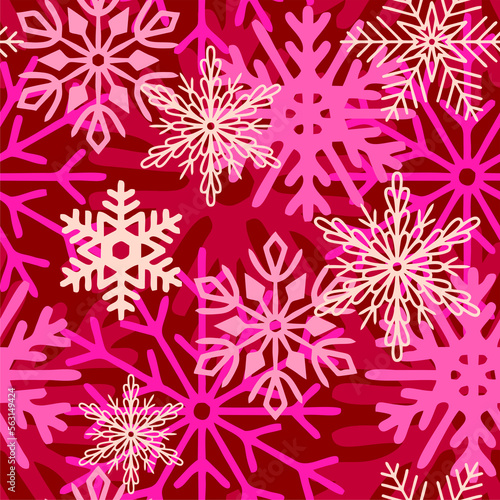 seamless asymmetric pattern of colorful snowflakes on a pink background, texture, design