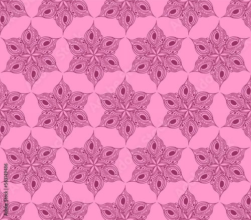 seamless symmetrical pattern of abstract magenta graphic elements on a pink background, texture, design