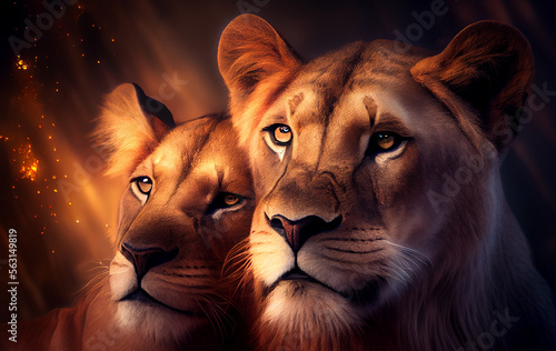 Lion and lioness in love. Generative AI,