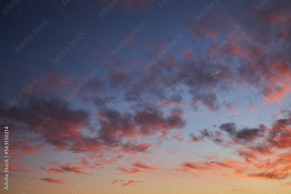 pink red sky on a blue background evening sunset of a winter day.