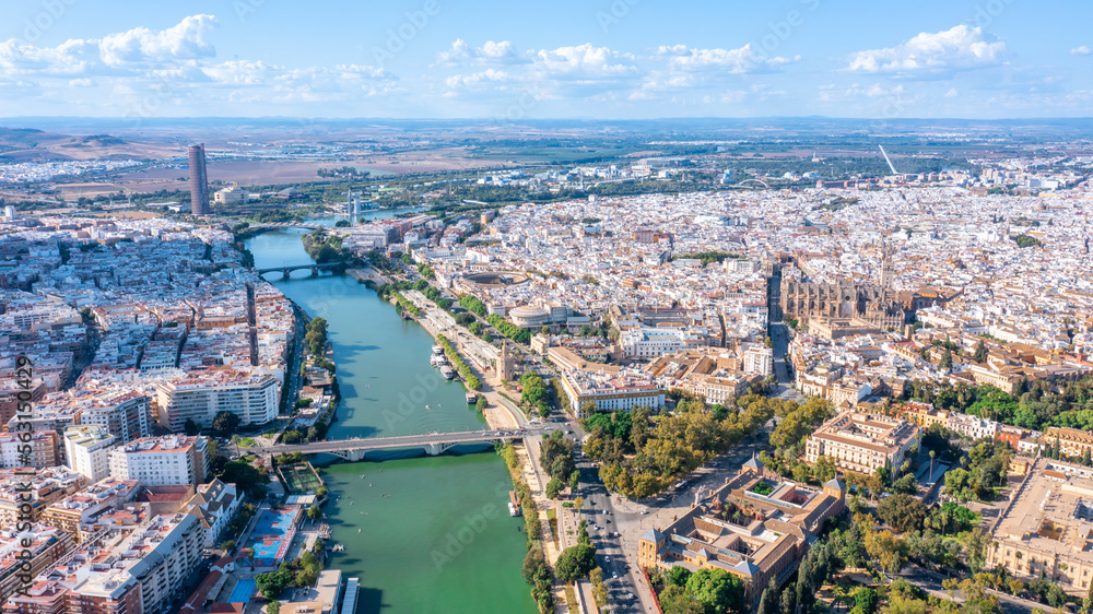 Aerial view of the Spanish city of Seville in the Andalusia region on the river Guadaquivir overlooking the cathedral