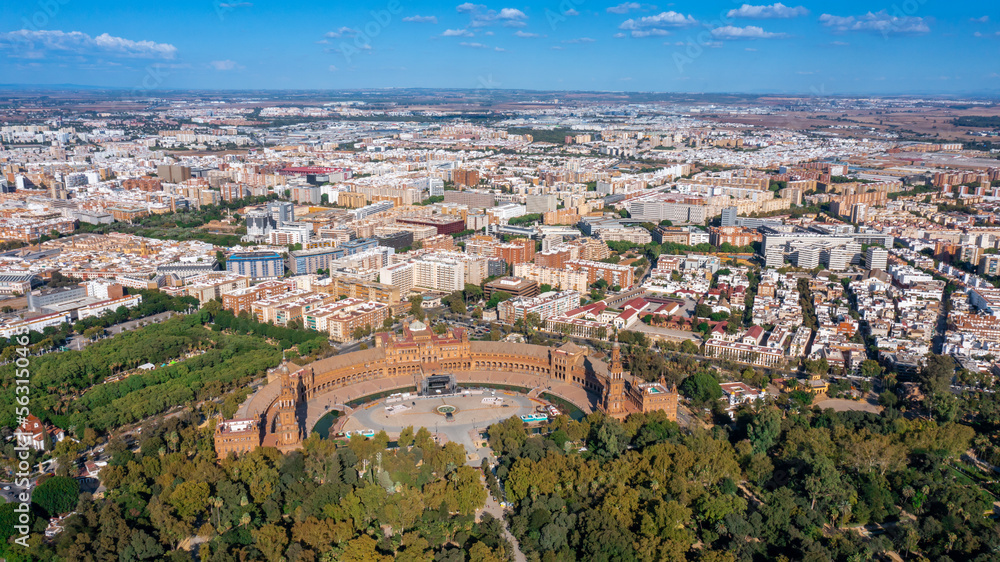 Aerial view of the Spanish city of Seville in Andalusia region on the river Guadaquivir overlooking Plaza de Espana and Parque Maria Luisa