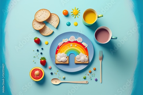 Created with Generative AI technology. Top view flat lay Breakfast in rainboe color and good morning concept. photo