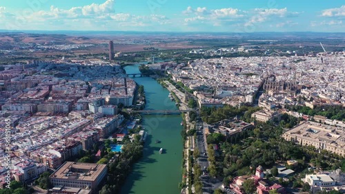 Aerial shot of an old historical European city in Seville Spain in summer on a sunny day.