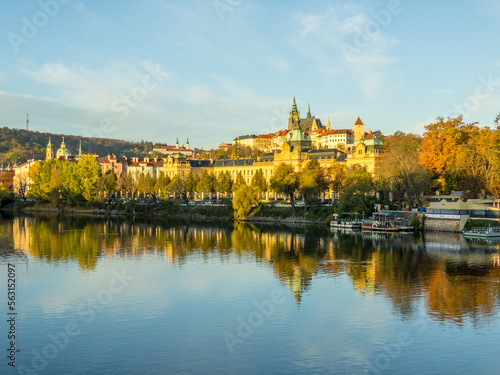 Colors of autumn Prague. Picturesque autumn colors on the embankment by the Vltava river, Prague, Czech Republic